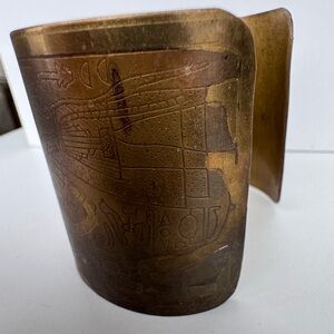 Vintage wide etched brass cuff bracelet featuring Egyptian revival